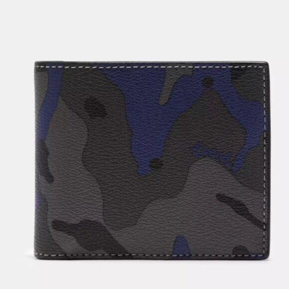 Coach Mens ID Billfold Wallet Blue Gray Black Camo multi Compact Cards F88912 - Picture 1 of 5
